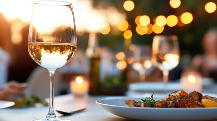 A elegant dining setup showcases a glass of white wine and a plate of gourmet food, with ambient lighting creating a mood of sophistication and luxury dining.