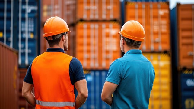 Two workers in orange safety helmets and vests stand in front of shipping containers at a bustling yard, symbolizing industry and teamwork on a bright day. - Powered by Adobe