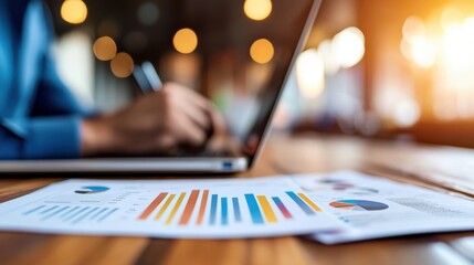 A professional focused on business graphs displayed on a laptop, utilizing statistical data for strategic insights and decision-making in a bustling office environment.