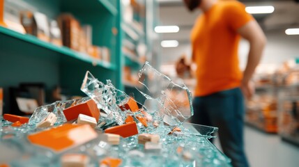 Fototapeta premium Glass shards and pieces of orange blocks are scattered in disarray across a surface inside a contemporary store, capturing an unsettling scene.