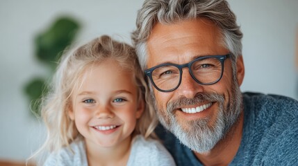 A joyful elderly man with gray hair and glasses, smiling broadly alongside a cheerful blonde young girl, embodying warmth and family ties, indoors.