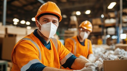 A warehouse worker in safety gear, including a hard hat and face mask, smiling as he handles boxes, demonstrating modern workplace safety and efficiency.
