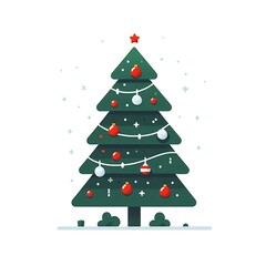 Obraz premium Flat, isolated illustration of a festive Christmas tree adorned with colorful ornaments, lights, and a shining star on top. The tree has a classic triangular shape and vibrant green branches. 