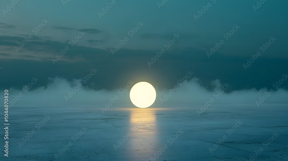 Aufkleber Luminous and Mystical Orb Hovering in a Serene Foggy Cosmic Scene Creating a Sense of Motion and Tranquility in Minimalist Abstract Design