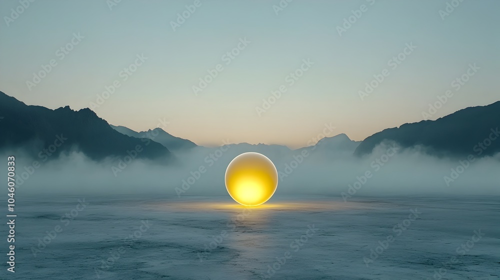 Poster ethereal and glowing orb amidst a misty cosmic landscape evoking subtle motion and minimalism in a s