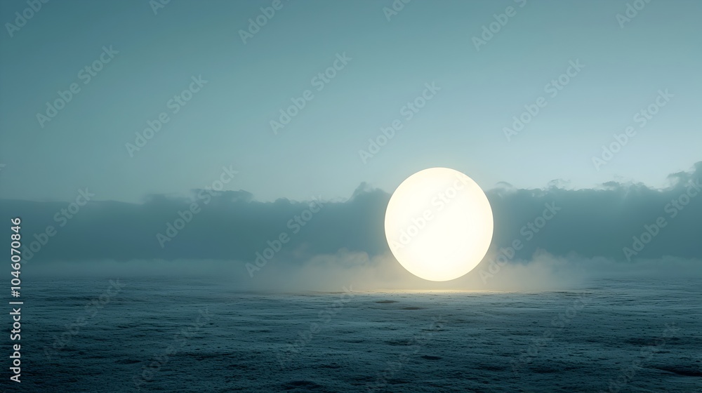 Poster ethereal glowing orb in misty cosmic landscape evoking subtle motion and minimalism serene and tranq