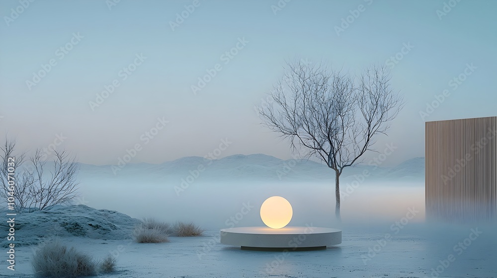 Leinwandbilder Glowing orb emitting soft captivating light within a misty ethereal cosmic landscape embodying a sleek minimalist design with a focus on graceful fluid motion