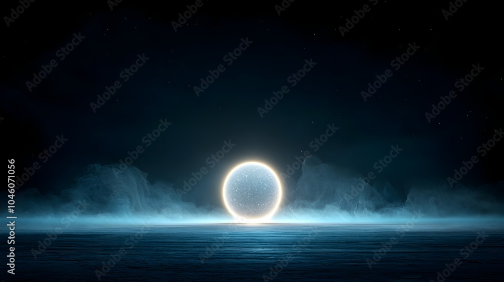 Poster Luminous glowing orb set within a misty atmospheric cosmic scene softly reflecting motion and mystery in a minimalist abstract digital design  Ethereal dreamy