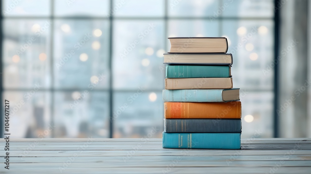 Poster Stacked vintage books with worn leather covers and aged pages set against a dreamy out of focus background with warm soft lighting creating a nostalgic and mysterious atmosphere