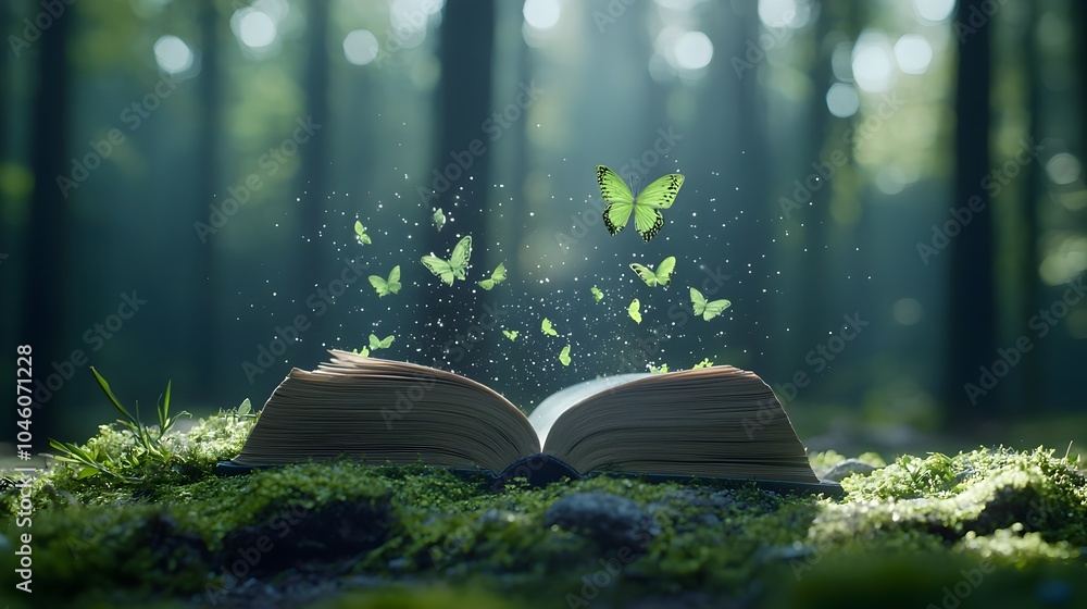 Aufkleber Enchanted book opening into a glowing bokeh filled atmosphere surrounded by a collection of ancient tomes evoking a sense of magic mystery and scholarly discovery