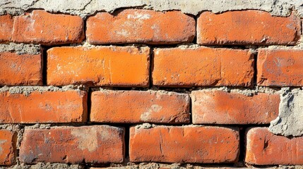 Close-up of a textured red brick wall with mortar
