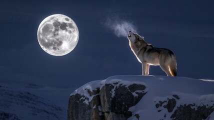 Majestic lone timber wolf howling at full moon under starry night sky