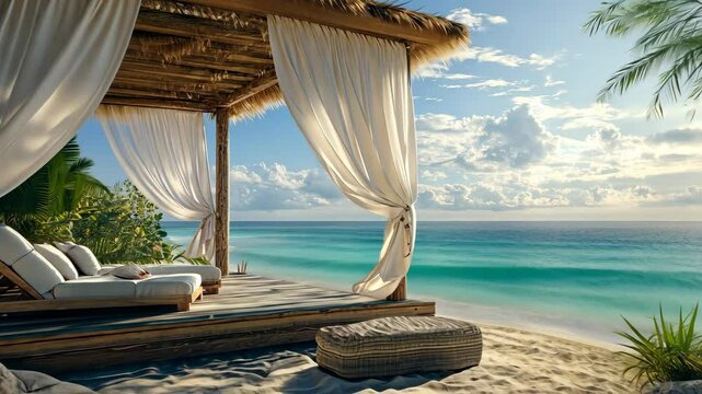 Luxurious beachside cabana with soft drapes blowing in the breeze, offering a perfect spot for relaxation under the sun. . Video