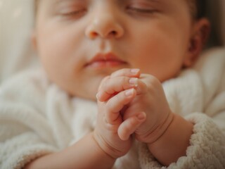 Close-up of Peaceful Baby with Clasped Hands and Soft Features