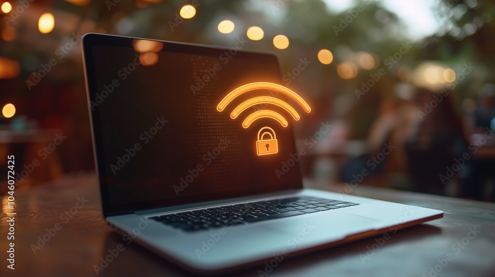 Poster secure wi-fi icon on laptop display with blurred background