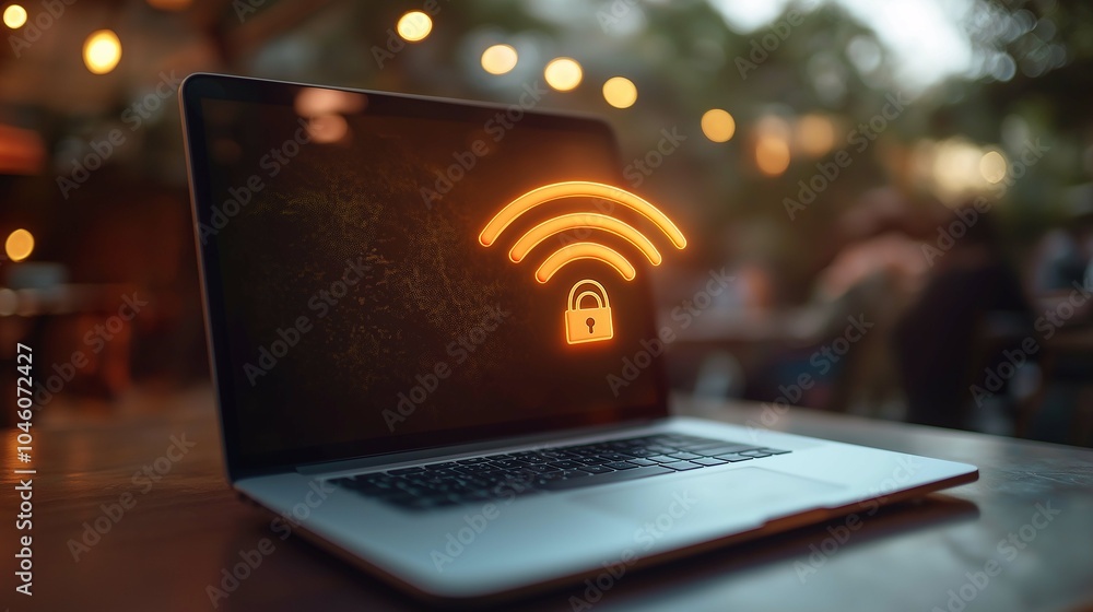 Poster secure wi-fi connection on laptop with icon overlay