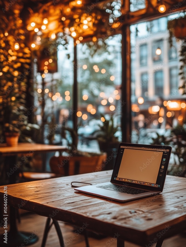 Poster a laptop sits on a rustic wooden table in a cozy café filled with plants and warm lights during the 