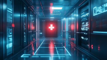 Futuristic Medical Corridor with Red Cross Symbol
