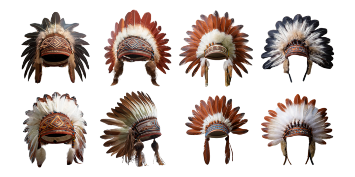 Colorful Native American Inspired Feathered Headgear,PNG set collection, isolated on transparent background