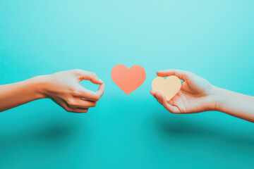 Obraz premium Two hands hold paper hearts against a blue backdrop.