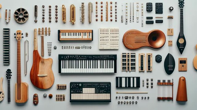 A variety of musical instruments are laid out on a grey surface
