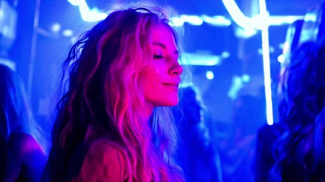 Young woman enjoying the music at rave party with other dancers under blue neon light