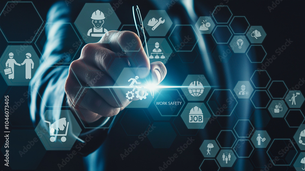 Aufkleber business professional using a futuristic interface to manage work safety, displayed through hexagona