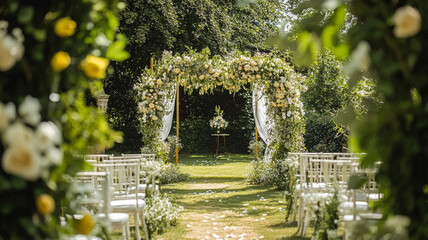 Cottage wedding decoration in the countryside, floral decor and event celebration, flowers, wedding aisle, wedding cake and tablescape, English country style idea