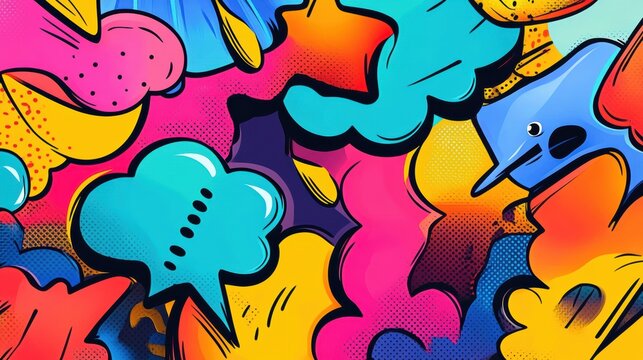 Bright comic-style doodles burst with speech bubbles and energetic sound effects, creating a lively atmosphere of fun and creativity. Generative AI - Powered by Adobe