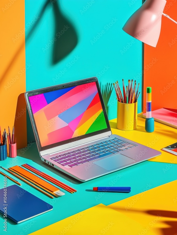 Poster a vibrant workspace showcases a laptop surrounded by colorful stationery and a desk lamp, creating a