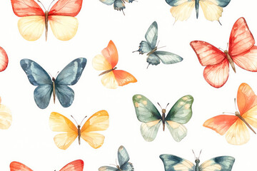Fototapeta premium Seamless butterfly watercolor pattern. Vintage flying insect summer background.