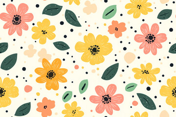 Obraz premium Seamless flowers and polka dots pattern.