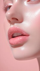 Naklejka premium Close-Up of Glossy Pink Lips on Soft Pink Background