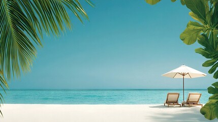 Obraz premium A pair of lawn chairs rests beneath an umbrella on a sandy beach beside the water