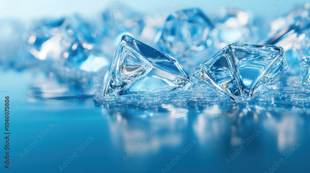 Leinwandbilder glowing icy crystals with geometric shapes reflect light on a smooth blue surface, creating an encha