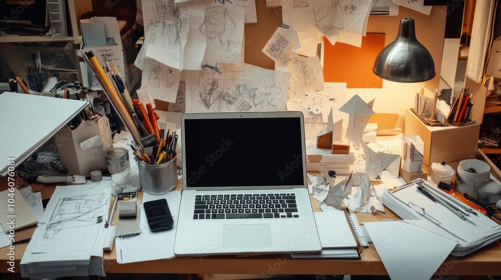 Leinwandbilder an artist's workspace filled with sketches, tools, and a laptop illuminated by a warm desk lamp, cre