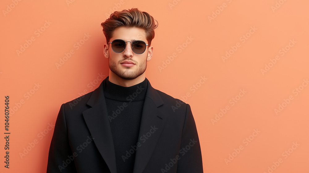 Wall mural stylish man wearing sunglasses and black coat against orange background, exuding confidence and mode