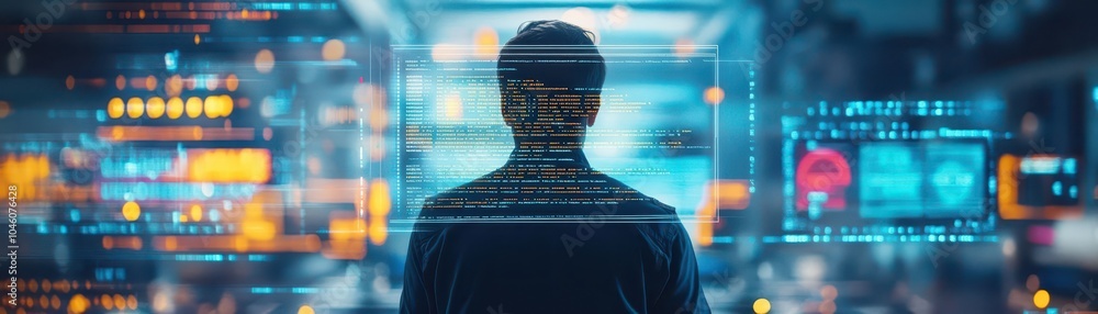 Poster Worker programming CNC machine in a factory close up, focus on, copy space  Smooth steel textures, Double exposure silhouette with digital programming code