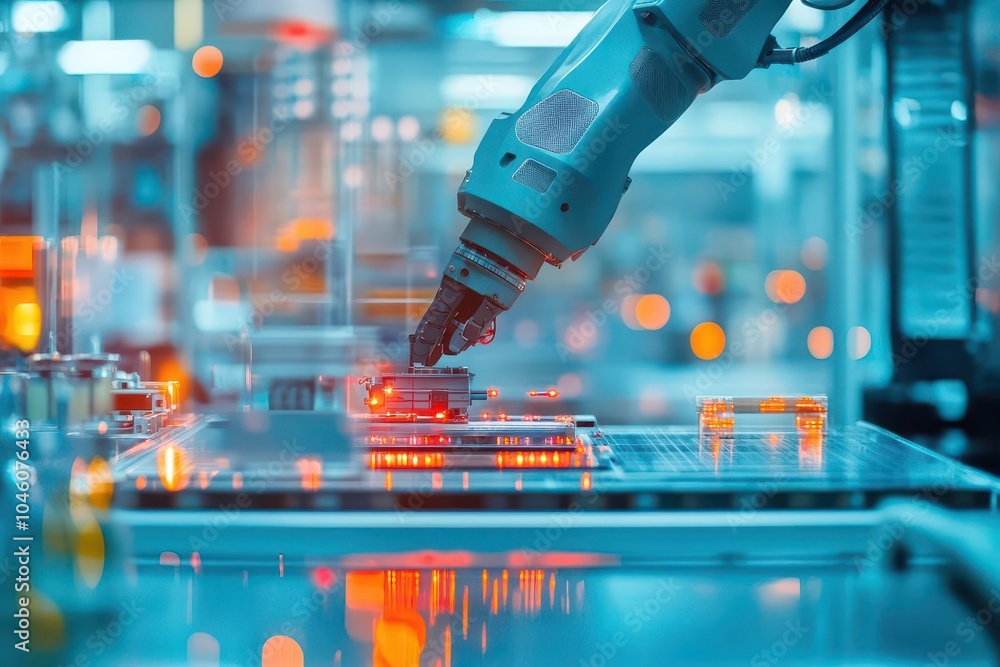 Poster worker controlling robotic arm in an automated production line close up, focus on, copy space cool m