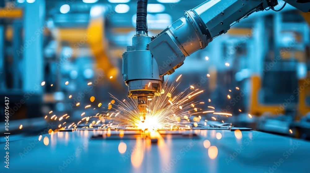 Fototapete worker programming a robotic welding system on a production line close up, focus on, copy space vibr