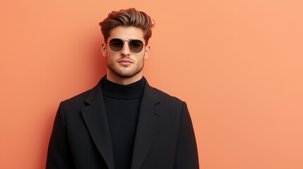 Fototapeta premium Stylish man wearing sunglasses and black coat against orange background, exuding confidence and modern fashion.
