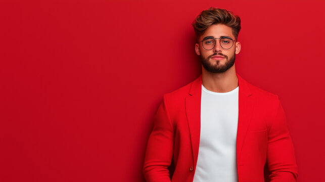 stylish man in red blazer stands confidently against vibrant red background, showcasing modern and fashionable look. His glasses add touch of sophistication to his appearance.