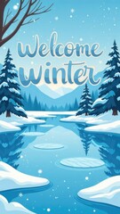 Fototapeta premium Serene snow-covered landscape with icy lake and evergreen trees in a winter wonderland scene