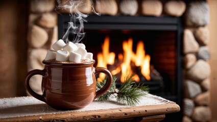 hot cocoa in the fireplace with winter decorations