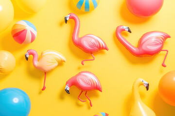 Obraz premium Flamingo party supplies in vibrant colors for a tropical-themed celebration: decorations, hats, cups, and tableware arranged on a festive table setting.