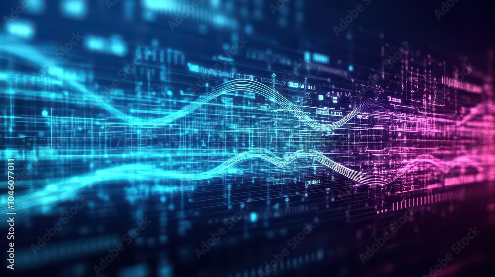 Poster Pulsating tech waves and lines in a flat design, side view, 5G network theme, 3D render, Triadic Color Scheme