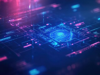 Neon blue health diagnostics, floating holographic screens, advanced care technology, futuristic setting