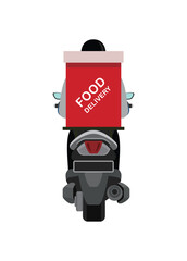 Food delivery service by motorcycle. Rear view. Simple flat illustration