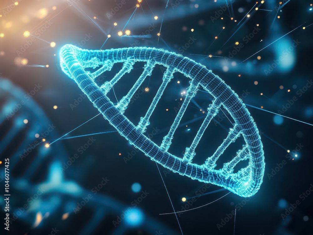Poster molecular dna strand floating in a digital matrix, neon blue holographic style, glowing particles su