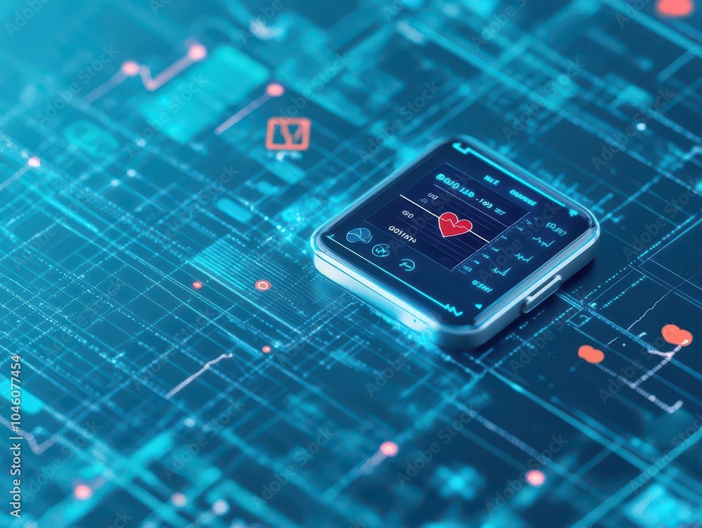 Poster Mobile health apps integrating with smartwatches for fitness tracking top view, combining tech with preventive care approaches, digital tone, Complementary Color Scheme